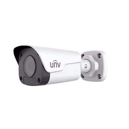 Vue avant de la caméra IP Uniview 4MP UV-IPC2124LB-SF28-A, mini bullet blanc.