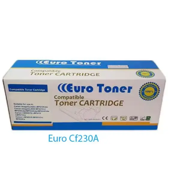 Cartouche de toner Euro CF230A compatible HP, vue avant ouverture, emballage propre et professionnel.
