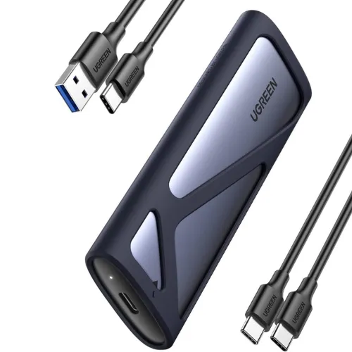 Boîtier SSD externe Ugreen NVMe M2 en aluminium, design élégant et compact.