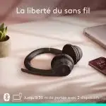 Logitech Zone 300 posé sur une table avec un smartphone à côté.