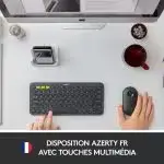Clavier sans fil Logitech K380 en usage avec tablette et smartphone.