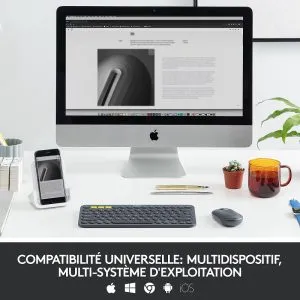 Gros plan sur les touches du Logitech K380, design ergonomique.