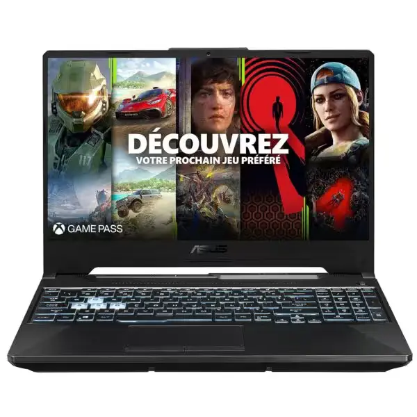 ASUS TUF Gaming F15 en couleur Fortress Gray, vue de face avec clavier RGB allumé