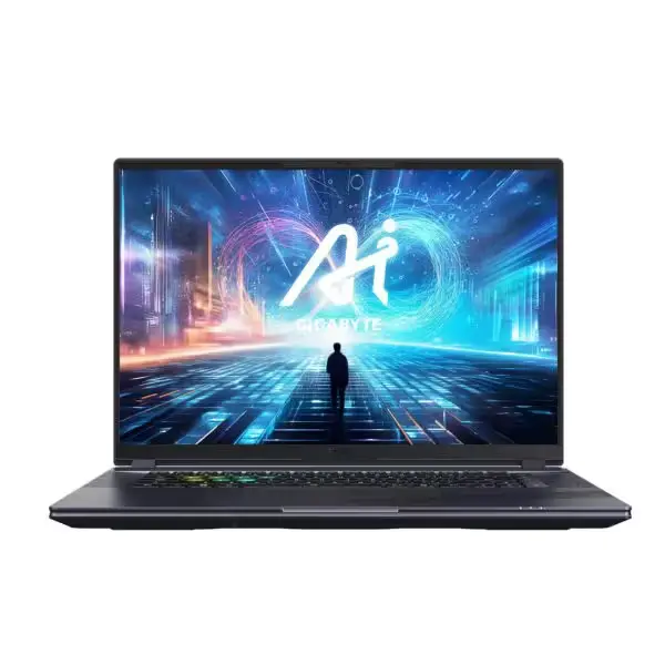 Vue de face du Gigabyte AORUS 16X ASG avec clavier RGB allumé