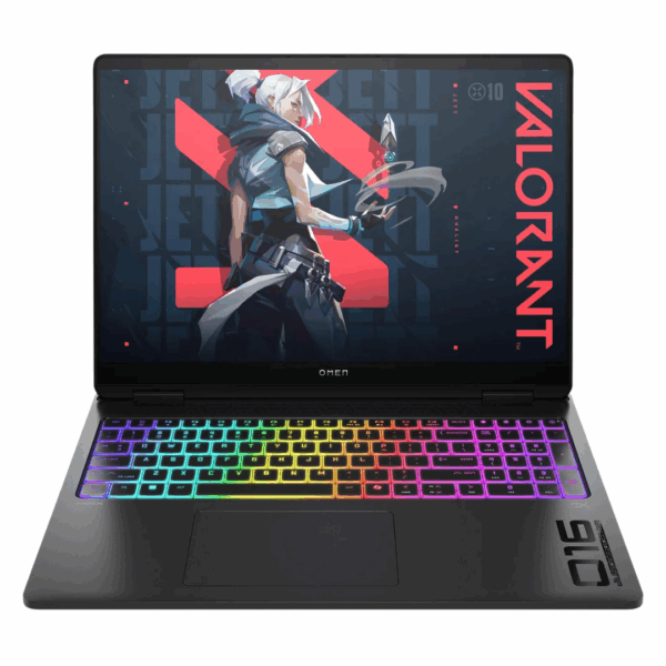 Vue de face du HP Omen 16 Max avec écran QHD affichant un jeu en haute résolution