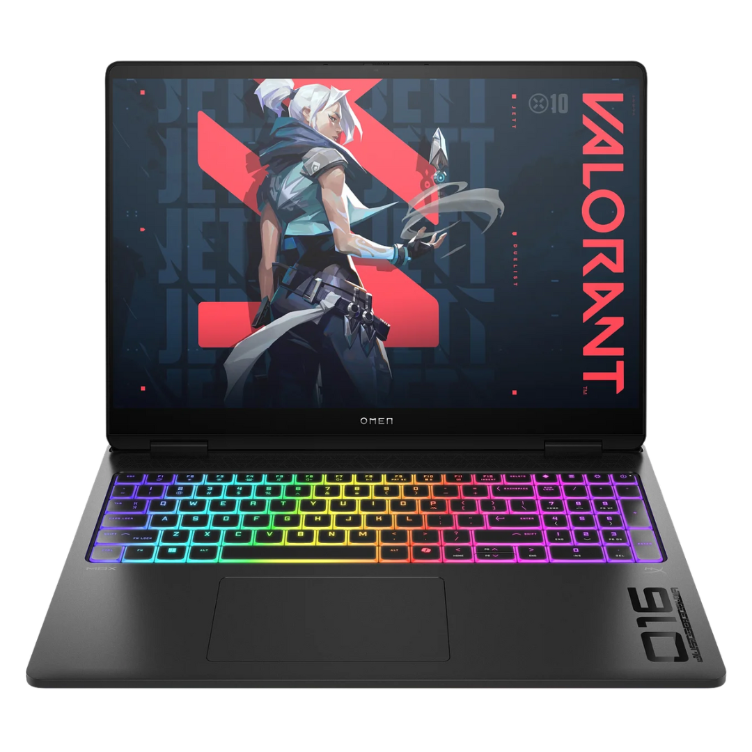 Vue de face du HP Omen 16 Max avec écran QHD affichant un jeu en haute résolution