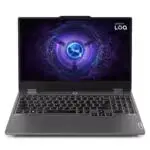Vue avant du Lenovo LOQ 15ARP9 avec écran allumé affichant un jeu vidéo