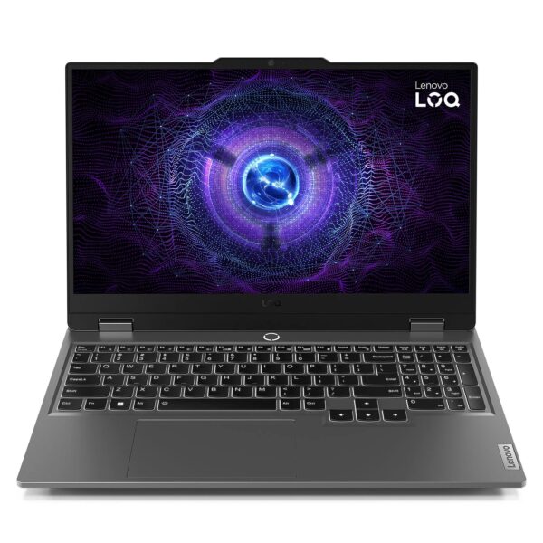 Vue avant du Lenovo LOQ 15ARP9 avec écran allumé affichant un jeu vidéo