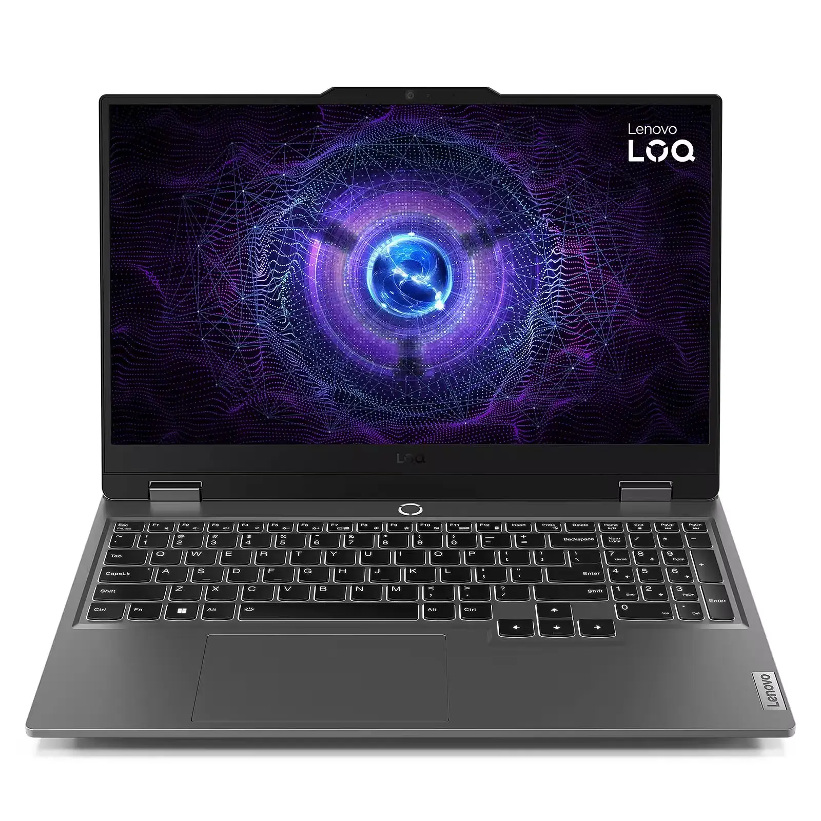 Vue avant du Lenovo LOQ 15ARP9 avec écran allumé affichant un jeu vidéo