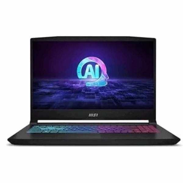 Vue avant du MSI Katana A15 avec écran QHD affichant un jeu d’action.
