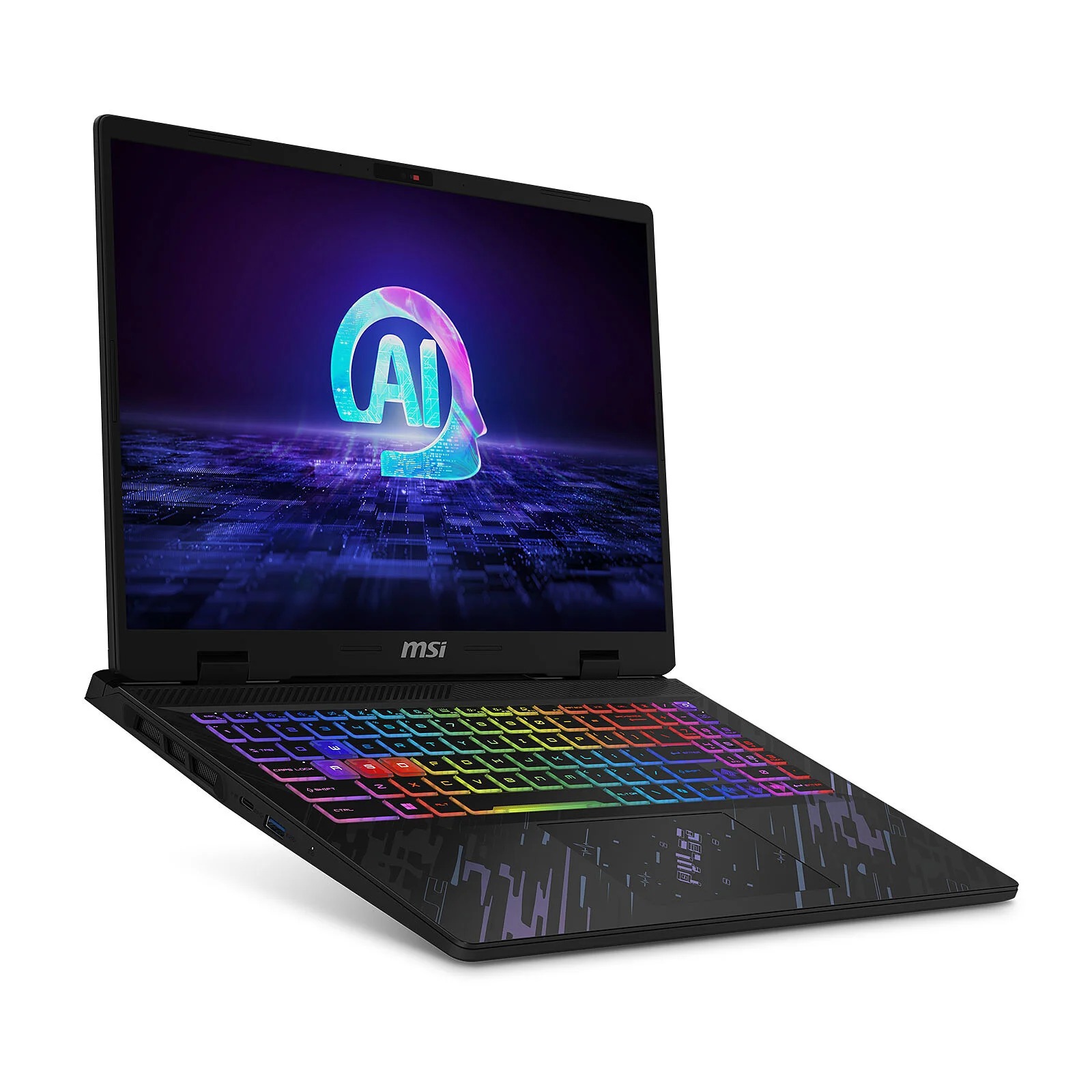 Vue de face du MSI Pulse 16 AI C1VGK avec clavier RGB allumé