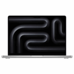 Vue latérale du MacBook Pro M3 Pro 14" argent, écran allumé