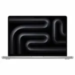 Vue latérale du MacBook Pro M3 Pro 14" argent, écran allumé