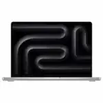 Vue latérale du MacBook Pro M3 Pro 14" argent, écran allumé