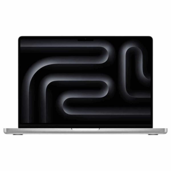 Vue latérale du MacBook Pro M3 Pro 14" argent, écran allumé