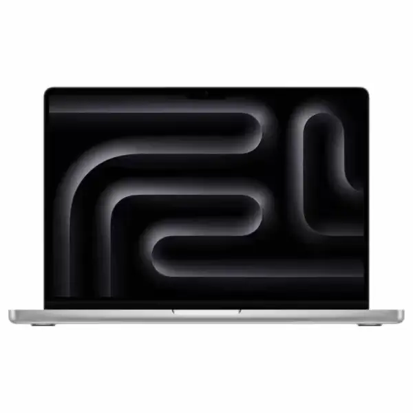 Vue latérale du MacBook Pro M3 Pro 14" argent, écran allumé