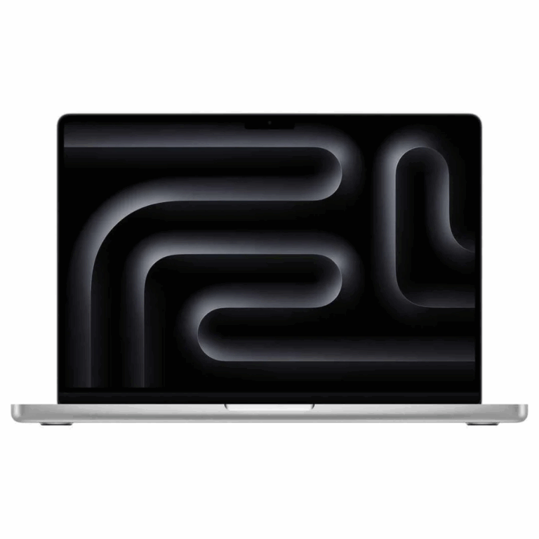 Vue latérale du MacBook Pro M3 Pro 14" argent, écran allumé