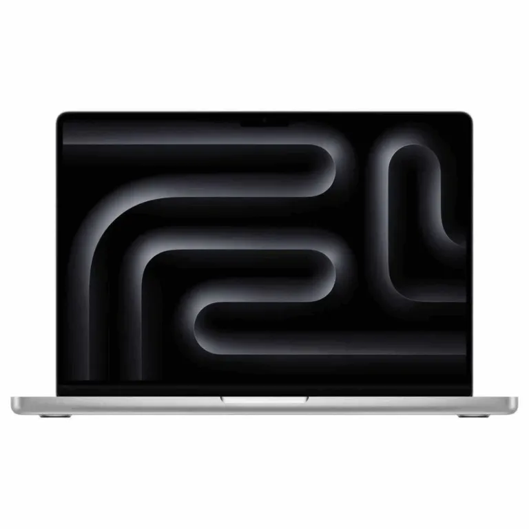 Vue latérale du MacBook Pro M3 Pro 14" argent, écran allumé