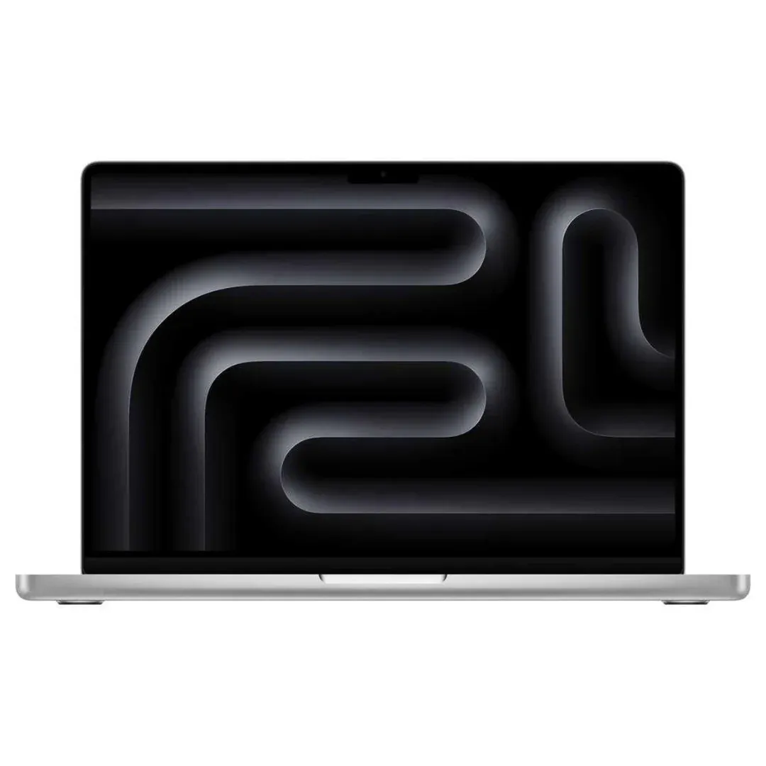 Vue latérale du MacBook Pro M3 Pro 14" argent, écran allumé