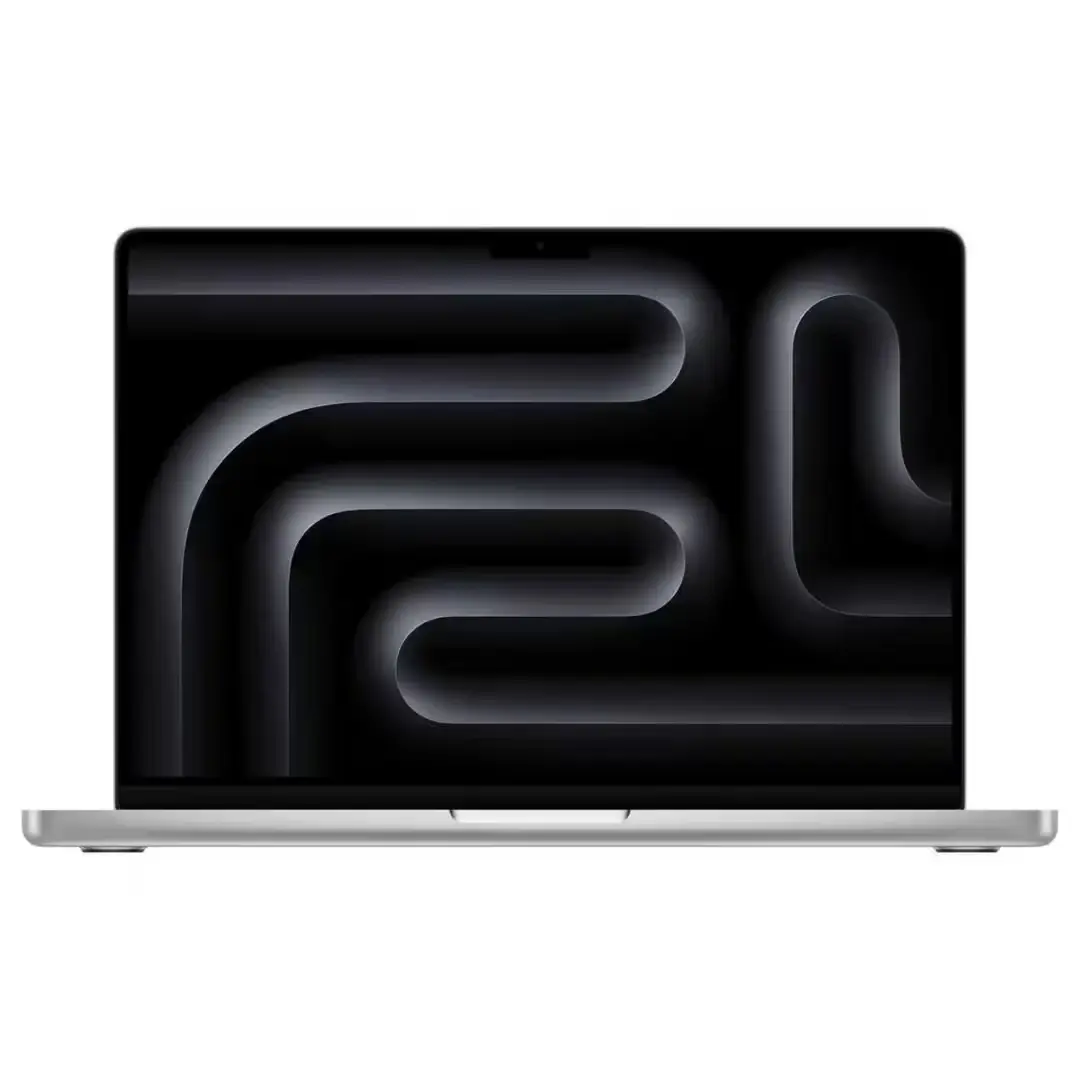 Vue latérale du MacBook Pro M3 Pro 14" argent, écran allumé