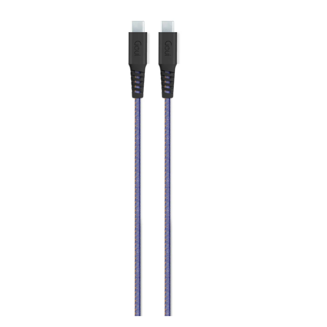 Goui Flex Câble Type-C 60W – Bleu Jean (1) Câble Goui Flex 60W en tissu bleu jean, vu enroulé