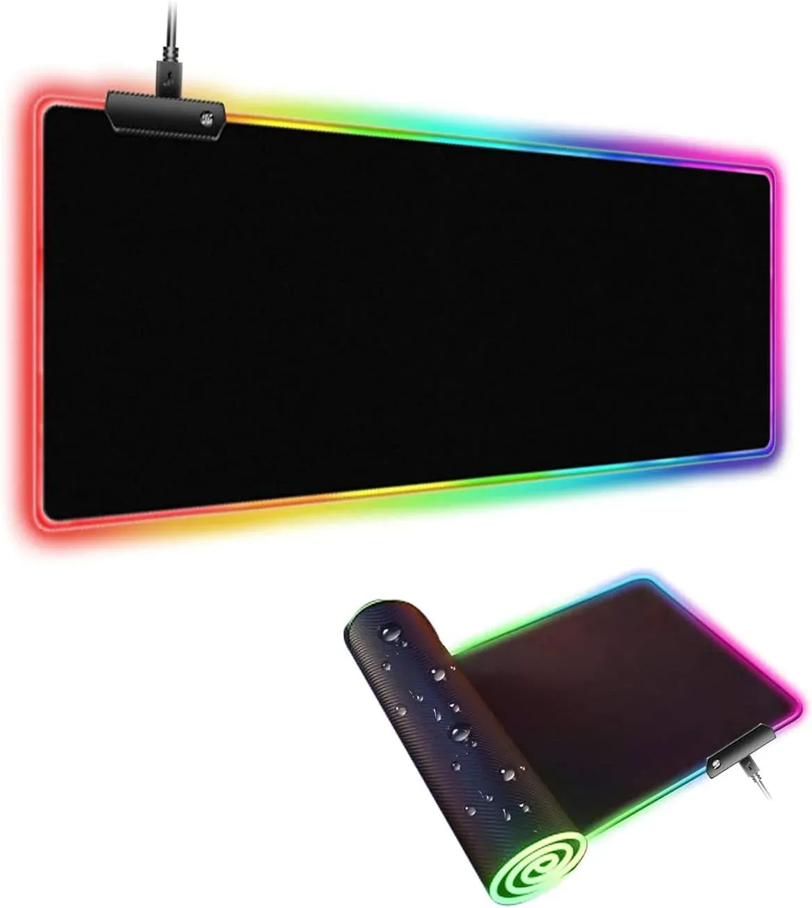 Tapis de Souris Gamer RGB XXL 300×800mm (1) Tapis de souris gamer RGB allumé sur bureau setup