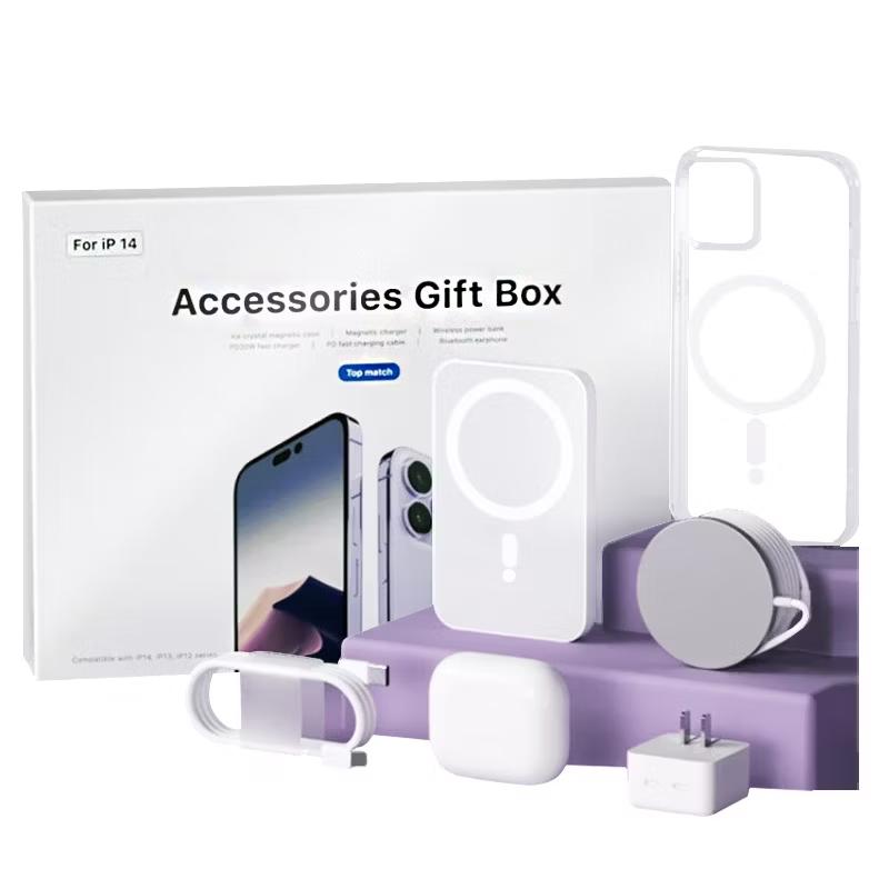 Premium Apple accessories including wireless chargers, cases, and earbuds on a white background.