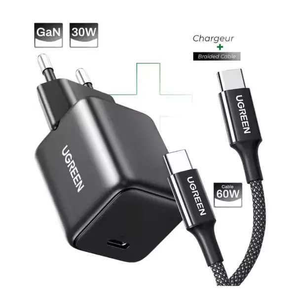 Pack Chargeur GaN 30W + Câble Tressé 60W vue complète