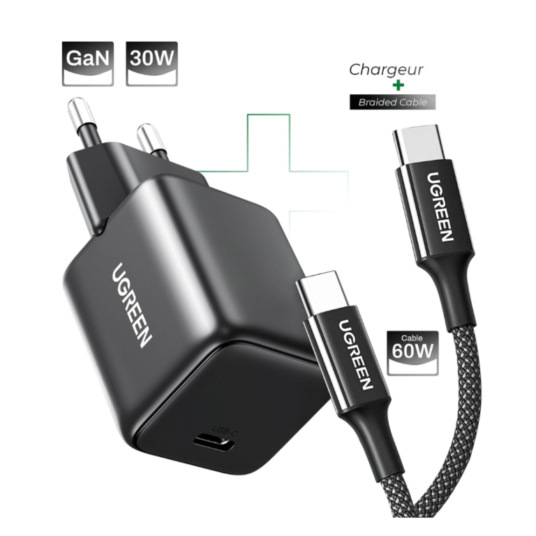 Pack Chargeur GaN 30W + Câble Tressé 60W vue complète