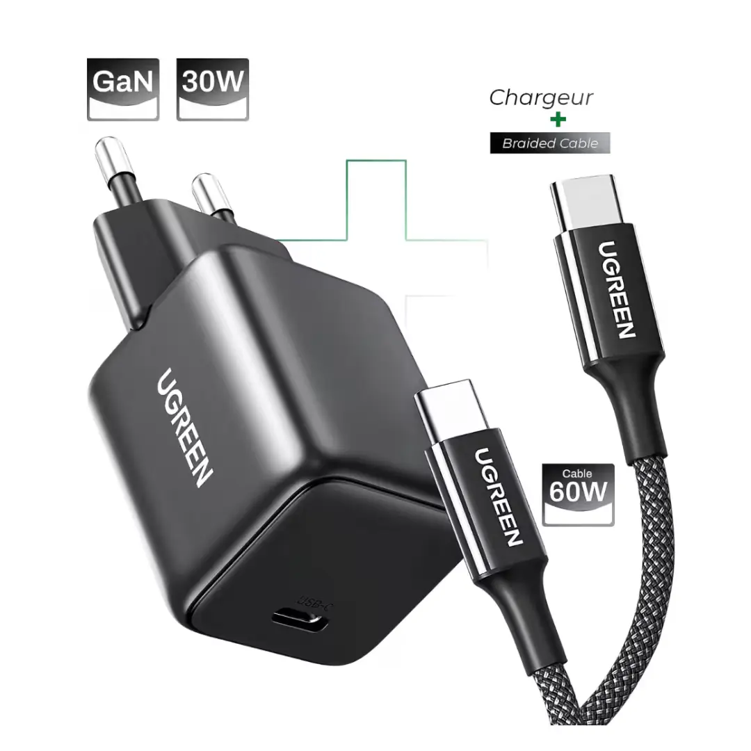 Pack Chargeur GaN 30W + Câble Tressé 60W vue complète